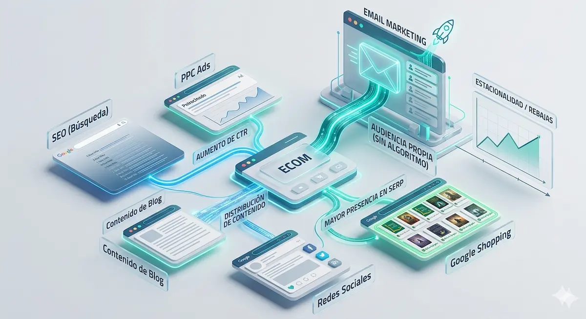 Diagrama de canales digitales para ecommerce: SEO, PPC, blog, redes sociales, Google Shopping y email marketing