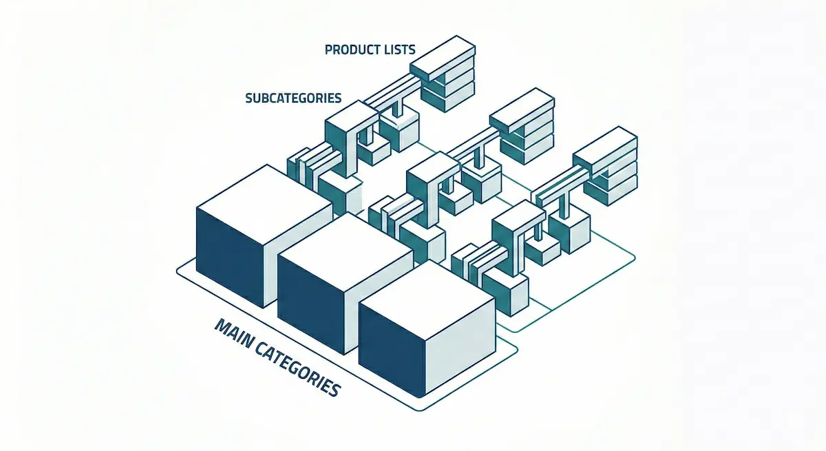 Diagrama isométrico con la jerarquía de una tienda online: categorías principales, subcategorías y listas de productos