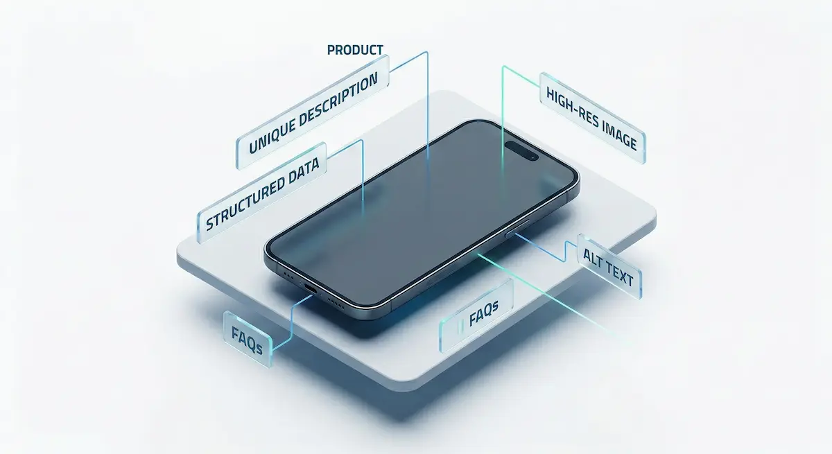 Diagrama con los elementos SEO clave de una ficha de producto: descripción, datos estructurados, imágenes y FAQs