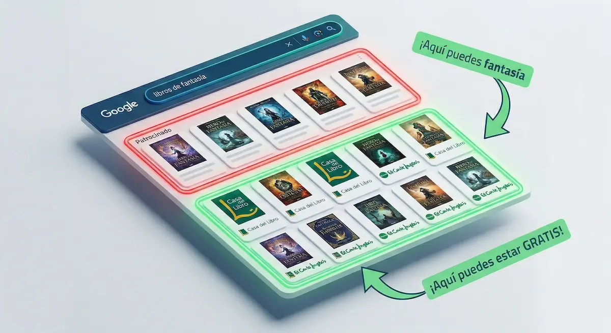 SERP de Google Shopping mostrando bloque patrocinado y bloque orgánico gratuito para libros de fantasía