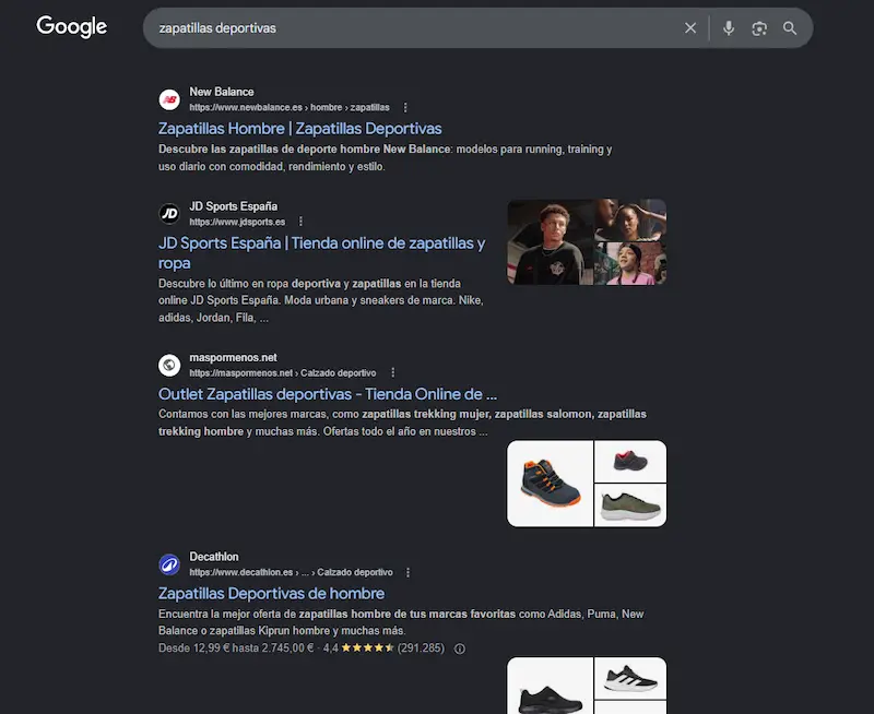 Página de resultados de Google mostrando el posicionamiento orgánico para la búsqueda de calzado deportivo.