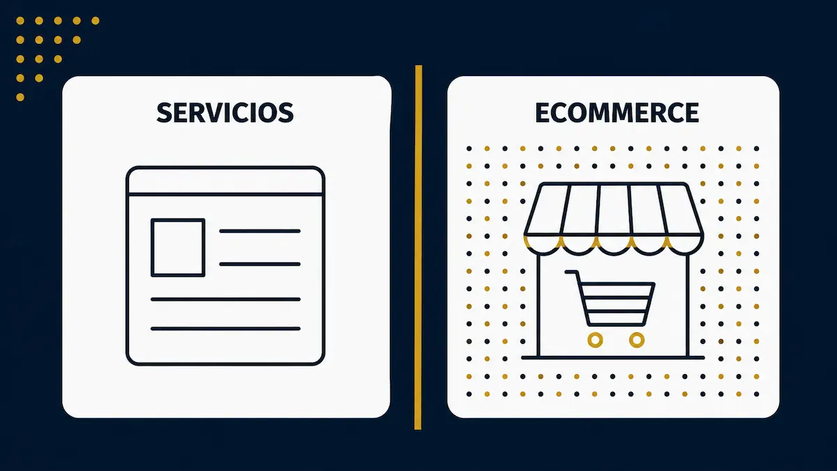 Icono comparativo entre una página web de servicios, representada con un documento simple, y un ecommerce, representado con un escaparate y carrito de compra rodeado de una trama de puntos que representa miles de productos