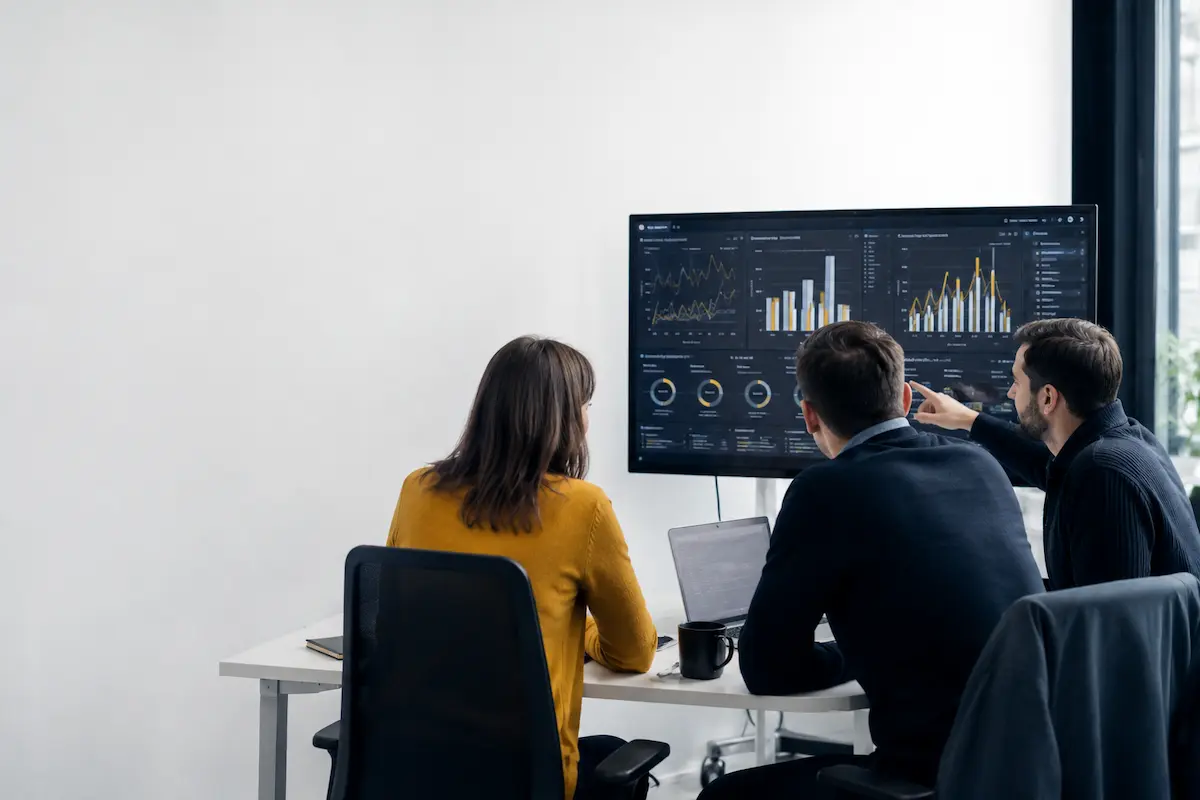 Equipo revisando dashboard de analítica en reunión