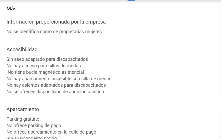 Diferentes atributos opcionales de una ficha de Google Business Profile