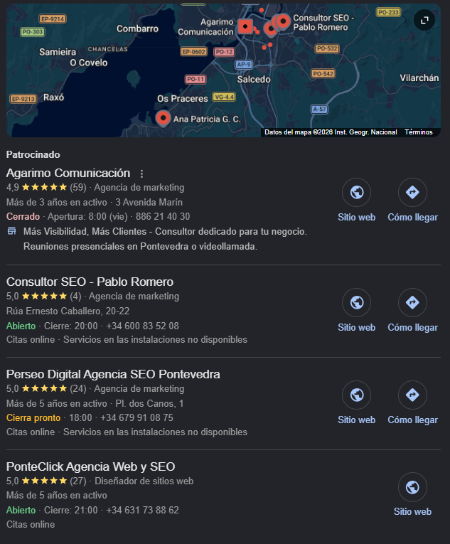 Resultados locales y anuncio para consultor SEO en Pontevedra