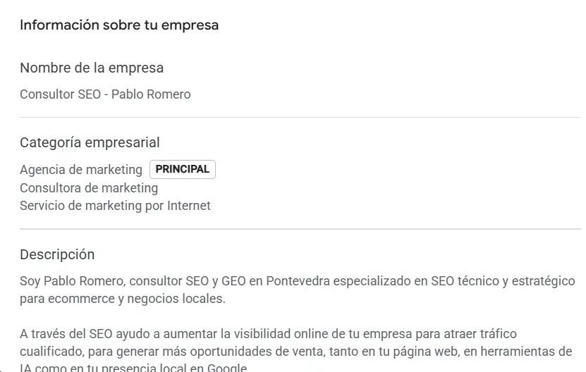 Información de empresa, categorías y descripción en Google Business Profile