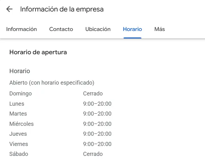 Horario de apertura configurado en Google Business Profile
